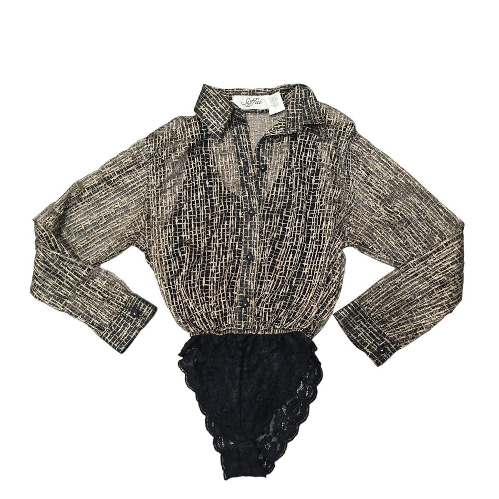 Vintage Soffia Long Sleeve Button-Up lace body suit gold metalic black sheer L